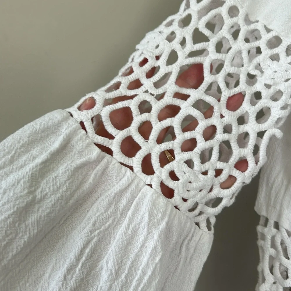 Tyler Boe Izzy Eyelet Topper Crochet Dress w Bell Sleeves Notch Neck White - Picture 11 of 15